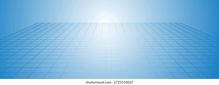 Tech Grid de Curved 3D Stage. Rejilla de Perspectiva Piso. rejilla de línea de luz azul debajo de un punto perspectiva central fondo oscuro retro.