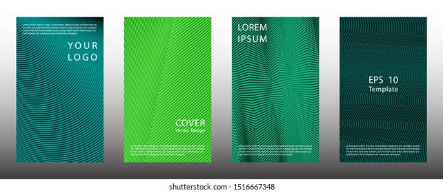 Tech halftone lines cover page templates vector set. Geometric graphic design. Banner halftone backgrounds collection. Catalog covers with lines, curves geometry. Gradient elements.