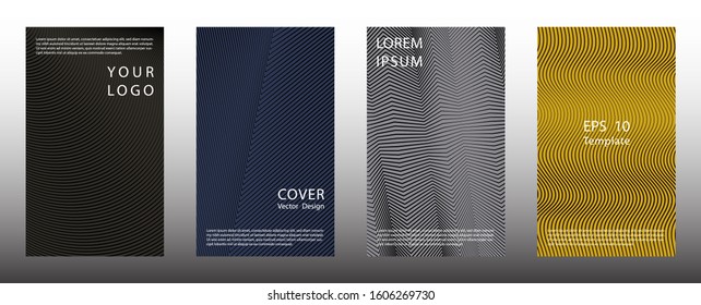 Tech halftone lines cover page templates vector set. Geometric graphic design. Flyer halftone backgrounds collection. Brochure covers with lines, curves geometry. Gradient elements.