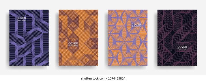 Tech  halftone shapes minimal geometric cover templates set graphic design. Halftone lines grid vector background of triangle, hexagon, rhombus, circle shapes. Trendy geometric cover backgrounds.