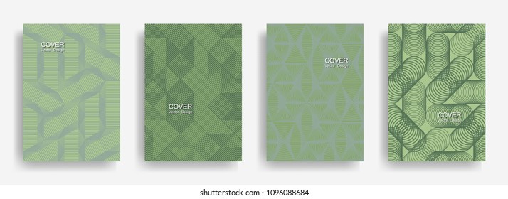 Tech  halftone shapes minimal geometric cover templates set graphic design. Halftone lines grid vector background of triangle, hexagon, rhombus, circle shapes. Trendy geometric cover backgrounds.