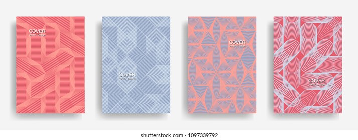 Tech  halftone shapes minimal geometric cover templates collection design. Halftone lines grid vector background of triangle, hexagon, rhombus, circle shapes. Trendy geometric cover backgrounds.