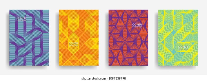 Tech  halftone shapes minimal geometric cover templates collection design. Halftone lines grid vector background of triangle, hexagon, rhombus, circle shapes. Simple geometric cover backgrounds.