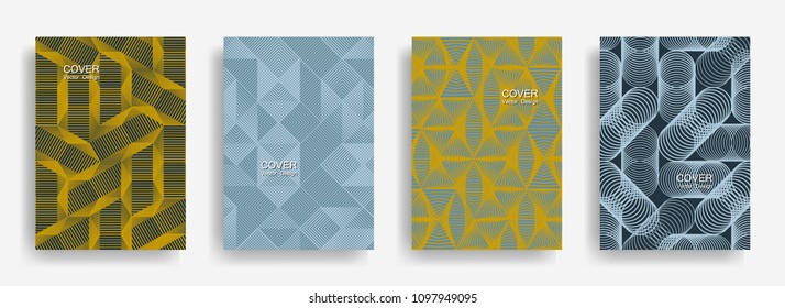 Tech  halftone shapes minimal geometric cover templates collection design. Halftone lines grid vector background of triangle, hexagon, rhombus, circle shapes. Simple geometric cover backgrounds.