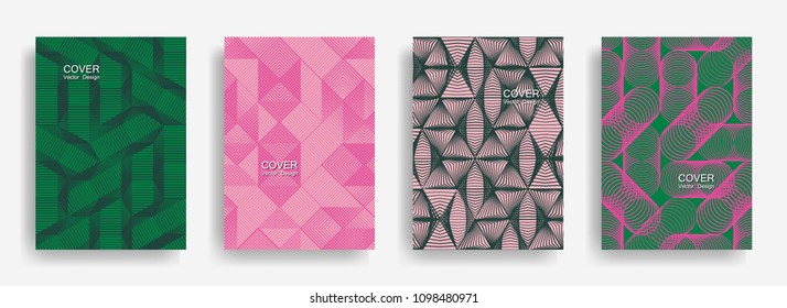 Tech  halftone shapes minimal geometric cover templates collection design. Halftone lines grid vector background of triangle, hexagon, rhombus, circle shapes. Concise geometric cover backgrounds.