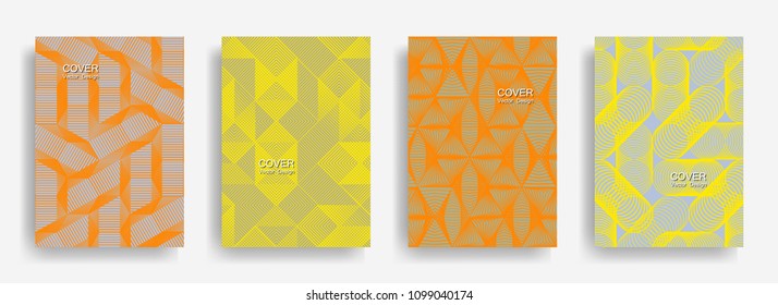 Tech  halftone shapes minimal geometric cover templates collection design. Halftone lines grid vector background of triangle, hexagon, rhombus, circle shapes. Trendy geometric cover backgrounds.