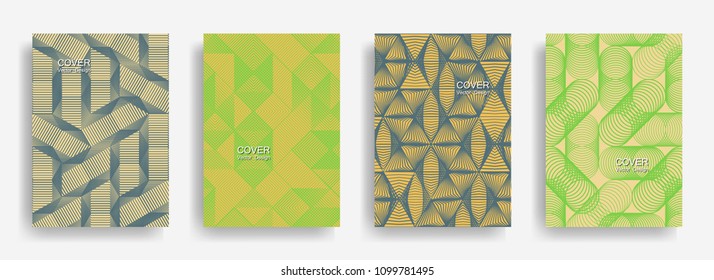 Tech  halftone shapes minimal geometric cover templates collection design. Halftone lines grid vector background of triangle, hexagon, rhombus, circle shapes. Typical geometric cover backgrounds.