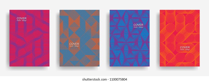 Tech  halftone shapes minimal geometric cover templates set graphic design. Halftone lines grid vector background of triangle, hexagon, rhombus, circle shapes. Classical geometric cover backgrounds.