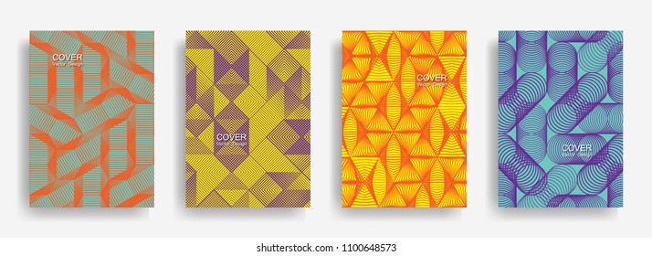 Tech  halftone shapes minimal geometric cover templates set graphic design. Halftone lines grid vector background of triangle, hexagon, rhombus, circle shapes. Trendy geometric cover backgrounds.