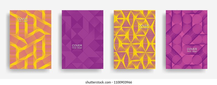 Tech  halftone shapes minimal geometric cover templates set graphic design. Halftone lines grid vector background of triangle, hexagon, rhombus, circle shapes. Business geometric cover backgrounds.