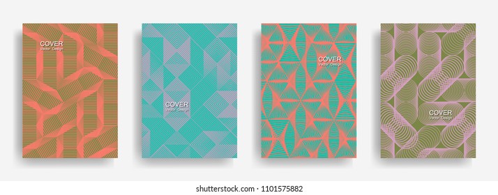 Tech  halftone shapes minimal geometric cover templates collection design. Halftone lines grid vector background of triangle, hexagon, rhombus, circle shapes. Classical geometric cover backgrounds.