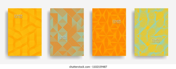 Tech  halftone shapes minimal geometric cover templates collection design. Halftone lines grid vector background of triangle, hexagon, rhombus, circle shapes. Concise geometric cover backgrounds.