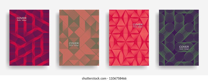 Tech  halftone shapes minimal geometric cover templates set graphic design. Halftone lines grid vector background of triangle, hexagon, rhombus, circle shapes. Trendy geometric cover backgrounds.
