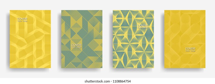 Tech  halftone shapes minimal geometric cover templates collection design. Halftone lines grid vector background of triangle, hexagon, rhombus, circle shapes. Typical geometric cover backgrounds.