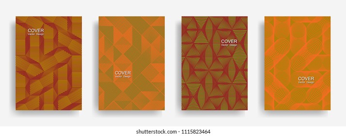 Tech  halftone shapes minimal geometric cover templates collection design. Halftone lines grid vector background of triangle, hexagon, rhombus, circle shapes. Laconic geometric cover backgrounds.
