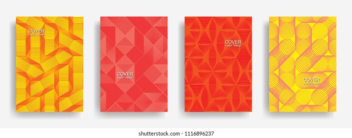 Tech  halftone shapes minimal geometric cover templates collection design. Halftone lines grid vector background of triangle, hexagon, rhombus, circle shapes. Simple geometric cover backgrounds.