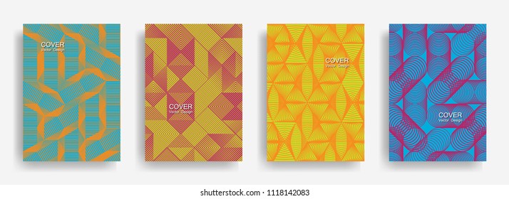 Tech  halftone shapes minimal geometric cover templates set graphic design. Halftone lines grid vector background of triangle, hexagon, rhombus, circle shapes. Classical geometric cover backgrounds.