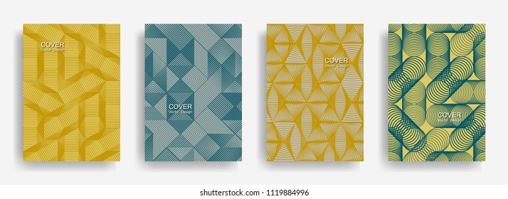 Tech  halftone shapes minimal geometric cover templates set graphic design. Halftone lines grid vector background of triangle, hexagon, rhombus, circle shapes. Classical geometric cover backgrounds.