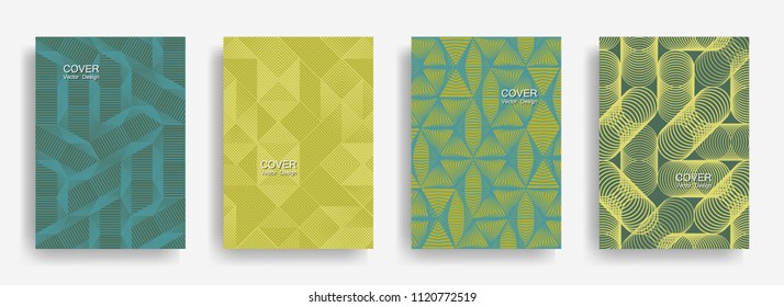 Tech halftone shapes minimal geometric cover templates collection design. Halftone lines grid vector background of triangle, hexagon, rhombus, circle shapes. Future geometric cover backgrounds.