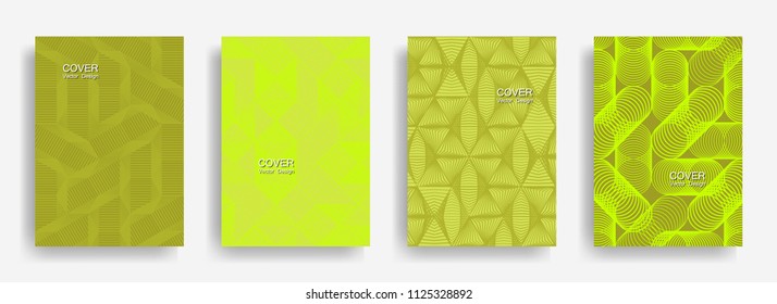 Tech  halftone shapes minimal geometric cover templates set graphic design. Halftone lines grid vector background of triangle, hexagon, rhombus, circle shapes. Future geometric cover backgrounds.