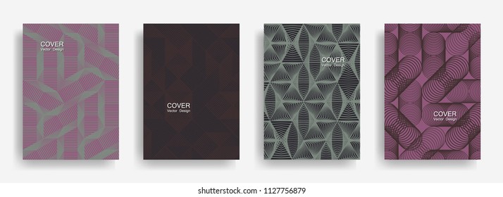 Tech  halftone shapes minimal geometric cover templates collection design. Halftone lines grid vector background of triangle, hexagon, rhombus, circle shapes. Simple geometric cover backgrounds.