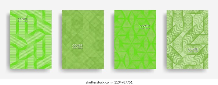 Tech  halftone shapes minimal geometric cover templates collection design. Halftone lines grid vector background of triangle, hexagon, rhombus, circle shapes. Trendy geometric cover backgrounds.