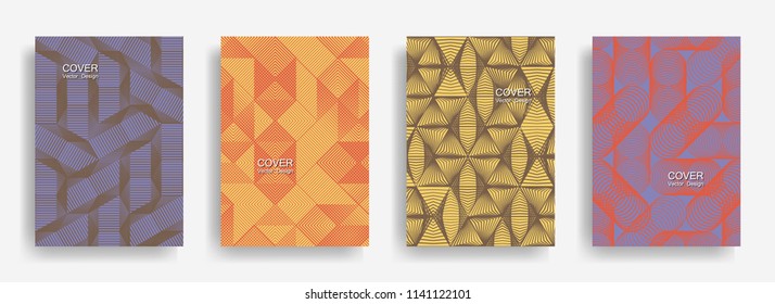 Tech  halftone shapes minimal geometric cover templates collection design. Halftone lines grid vector background of triangle, hexagon, rhombus, circle shapes. Simple geometric cover backgrounds.