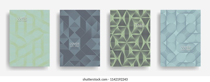 Tech  halftone shapes minimal geometric cover templates collection design. Halftone lines grid vector background of triangle, hexagon, rhombus, circle shapes. Concise geometric cover backgrounds.
