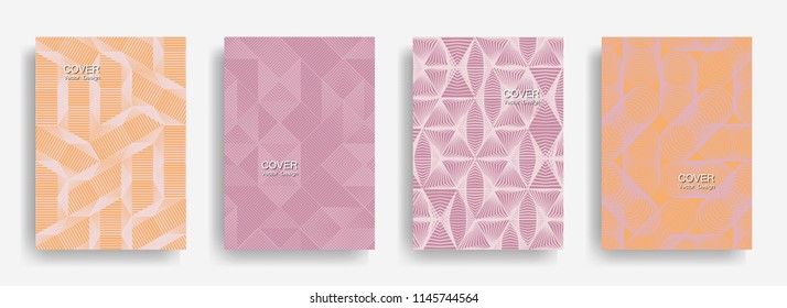 Tech  halftone shapes minimal geometric cover templates collection design. Halftone lines grid vector background of triangle, hexagon, rhombus, circle shapes. Classical geometric cover backgrounds.