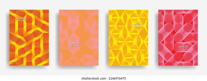 Tech  halftone shapes minimal geometric cover templates set graphic design. Halftone lines grid vector background of triangle, hexagon, rhombus, circle shapes. Typical geometric cover backgrounds.