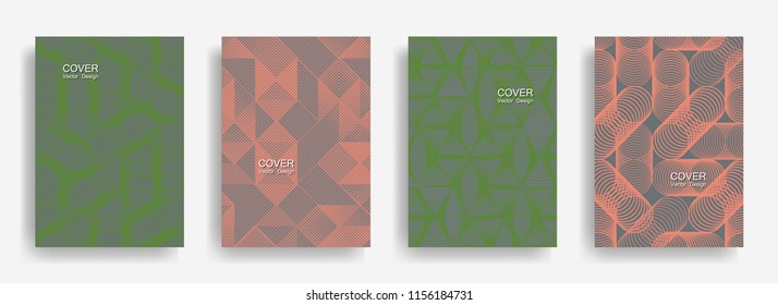 Tech  halftone shapes minimal geometric cover templates collection design. Halftone lines grid vector background of triangle, hexagon, rhombus, circle shapes. Classic geometric cover backgrounds.