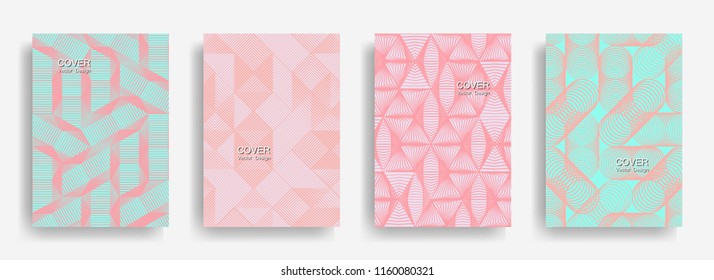 Tech  halftone shapes minimal geometric cover templates set graphic design. Halftone lines grid vector background of triangle, hexagon, rhombus, circle shapes. Classical geometric cover backgrounds.