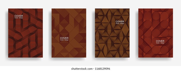 Tech  halftone shapes minimal geometric cover templates set graphic design. Halftone lines grid vector background of triangle, hexagon, rhombus, circle shapes. Classic geometric cover backgrounds.