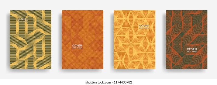 Tech  halftone shapes minimal geometric cover templates set graphic design. Halftone lines grid vector background of triangle, hexagon, rhombus, circle shapes. Classical geometric cover backgrounds.