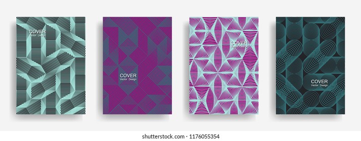 Tech  halftone shapes minimal geometric cover templates collection design. Halftone lines grid vector background of triangle, hexagon, rhombus, circle shapes. Future geometric cover backgrounds.