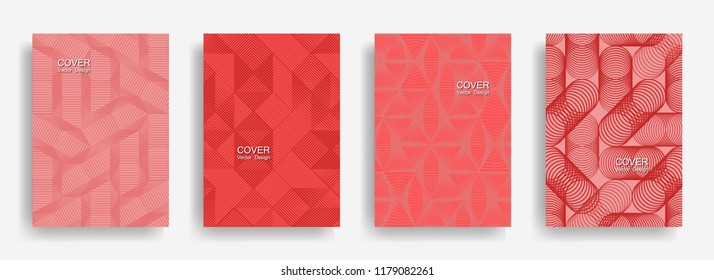 Tech  halftone shapes minimal geometric cover templates collection design. Halftone lines grid vector background of triangle, hexagon, rhombus, circle shapes. Simple geometric cover backgrounds.