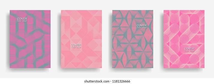 Tech  halftone shapes minimal geometric cover templates collection design. Halftone lines grid vector background of triangle, hexagon, rhombus, circle shapes. Future geometric cover backgrounds.