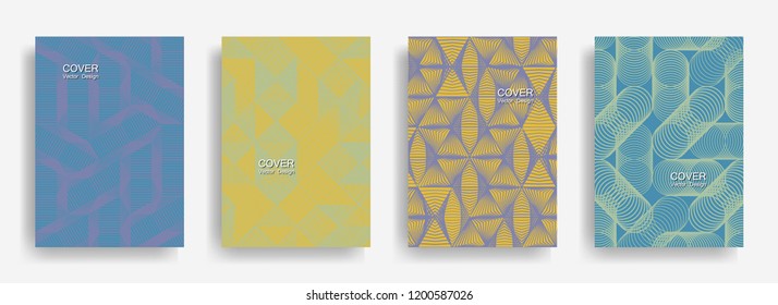 Tech  halftone shapes minimal geometric cover templates set graphic design. Halftone lines grid vector background of triangle, hexagon, rhombus, circle shapes. Concise geometric cover backgrounds.