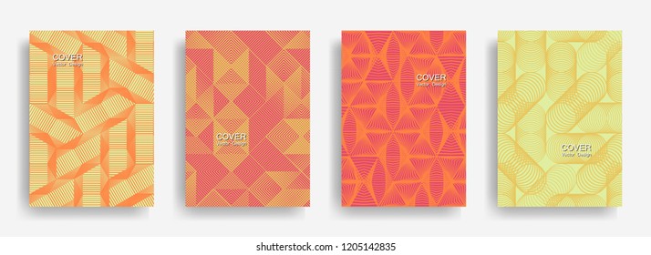 Tech  halftone shapes minimal geometric cover templates collection design. Halftone lines grid vector background of triangle, hexagon, rhombus, circle shapes. Laconic geometric cover backgrounds.