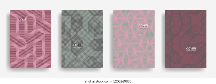 Tech  halftone shapes minimal geometric cover templates collection design. Halftone lines grid vector background of triangle, hexagon, rhombus, circle shapes. Simple geometric cover backgrounds.