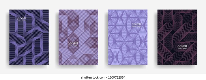 Tech  halftone shapes minimal geometric cover templates set graphic design. Halftone lines grid vector background of triangle, hexagon, rhombus, circle shapes. Future geometric cover backgrounds.