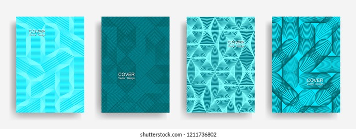Tech  halftone shapes minimal geometric cover templates set graphic design. Halftone lines grid vector background of triangle, hexagon, rhombus, circle shapes. Laconic geometric cover backgrounds.