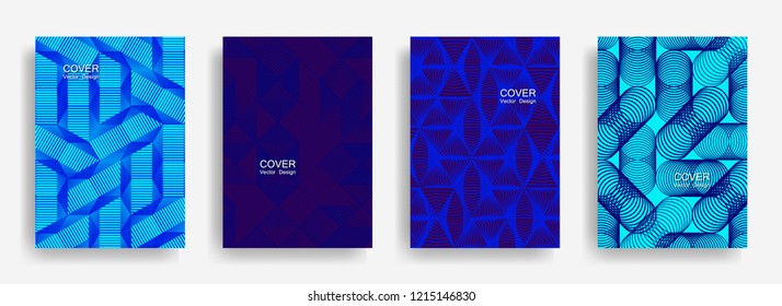 Tech  halftone shapes minimal geometric cover templates set graphic design. Halftone lines grid vector background of triangle, hexagon, rhombus, circle shapes. Trendy geometric cover backgrounds.