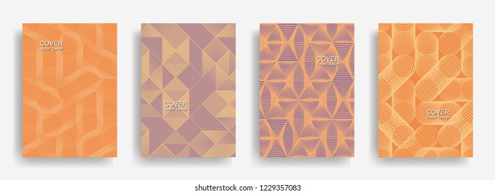 Tech  halftone shapes minimal geometric cover templates set graphic design. Halftone lines grid vector background of triangle, hexagon, rhombus, circle shapes. Future geometric cover backgrounds.