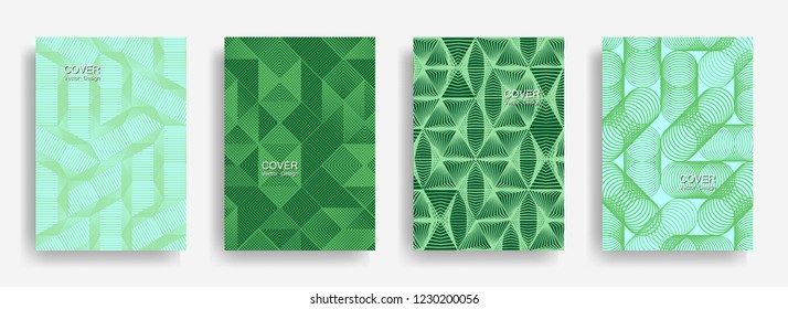 Tech  halftone shapes minimal geometric cover templates set graphic design. Halftone lines grid vector background of triangle, hexagon, rhombus, circle shapes. Classic geometric cover backgrounds.