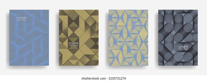 Tech  halftone shapes minimal geometric cover templates collection design. Halftone lines grid vector background of triangle, hexagon, rhombus, circle shapes. Typical geometric cover backgrounds.