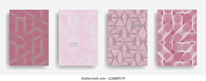 Tech  halftone shapes minimal geometric cover templates collection design. Halftone lines grid vector background of triangle, hexagon, rhombus, circle shapes. Future geometric cover backgrounds.