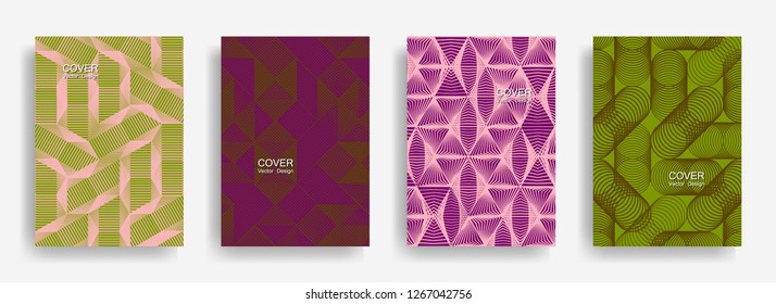 Tech  halftone shapes minimal geometric cover templates set graphic design. Halftone lines grid vector background of triangle, hexagon, rhombus, circle shapes. Classical geometric cover backgrounds.