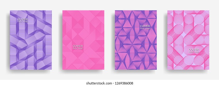 Tech  halftone shapes minimal geometric cover templates set graphic design. Halftone lines grid vector background of triangle, hexagon, rhombus, circle shapes. Typical geometric cover backgrounds.