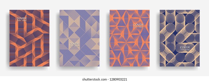 Tech  halftone shapes minimal geometric cover templates collection design. Halftone lines grid vector background of triangle, hexagon, rhombus, circle shapes. Laconic geometric cover backgrounds.